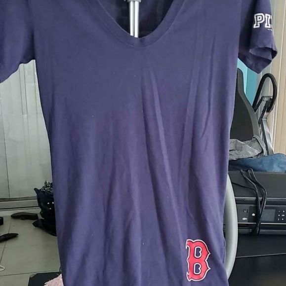 VS Victoria Secret PINK Boston Red Sox MLB Logo V Neck Tee Top S Navy Red S Sm - Picture 9 of 9